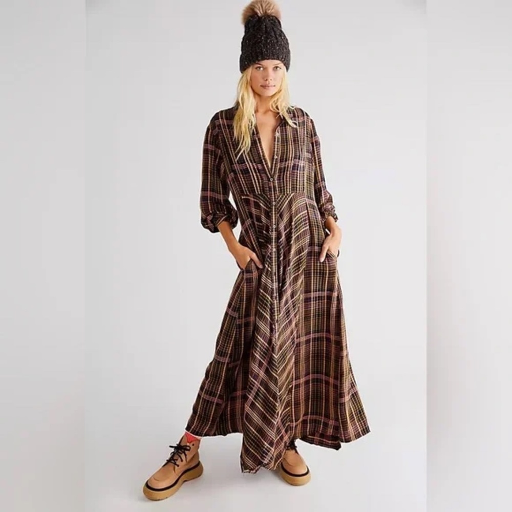 NWT Free People Sadie Plaid Maxi Dress Button Down XS